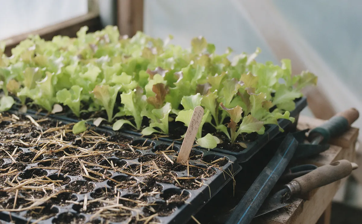Trays of young lettuce transplants in a small greenhouse, with a wooden plant tag in one cell.